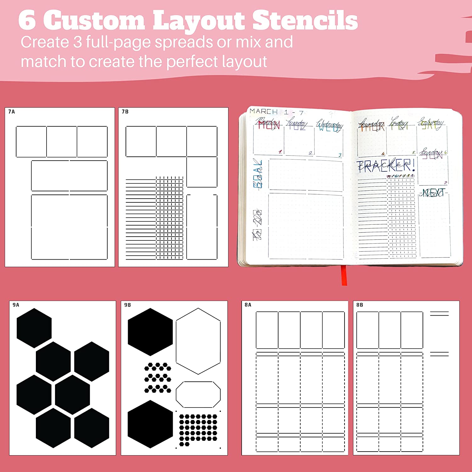 Notebook Dotted A5 - Reutilizáveis Plastic Journal Stencils, notas semanais,